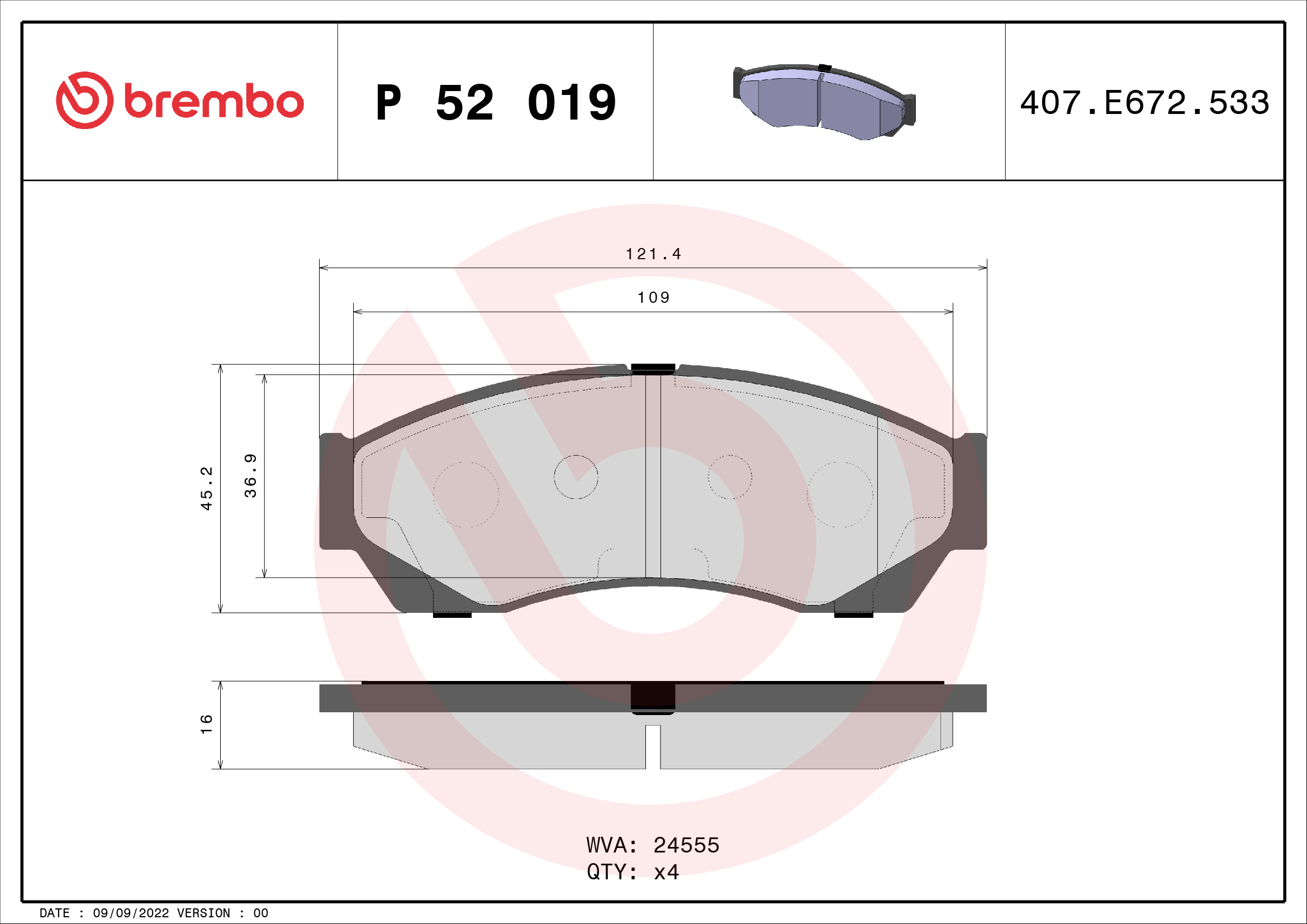 A.B.S. P 52 019 BREMBO Bremsbelagsatz, Scheibenbremse